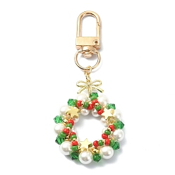 Colorful Christmas Wreath Shell Pearl Pendant Decoration, Alloy Bowknot and Swivel Clasps Charm, Colorful, 82mm
