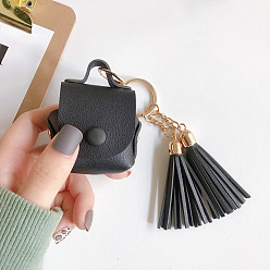 Noir Étui de transport pour écouteurs sans fil en similicuir, pochette de rangement pour écouteurs, avec porte-clés et pompon, forme de sac à main, noir, 135mm