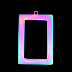 Rainbow Color 201 Stainless Steel Pendants, Laser Cut, Hollow, Rectangle, Rainbow Color, 34x22x1mm, Hole: 1.6mm