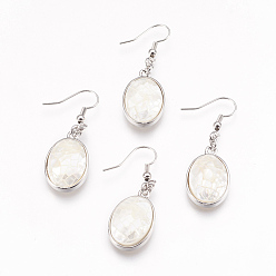 White Natural White Shell Dangle Earrings, with Platinum Tone Brass Findings, Oval, White, 45mm, Pin: 0.7mm