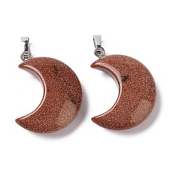 Goldstone Synthetic Goldstone Pendants, with Platinum Brass Loops, Moon, 29x18~21x7~10mm, Hole: 6x3mm