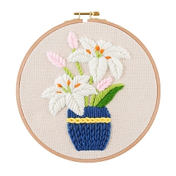 May Lily Kits de peinture de broderie de fil de bricolage de motif de fleur pour les débutants, y compris les instructions, tissu en coton imprimé, fil à broder et aiguilles, cercle à broder rond, peut lys, 3mm