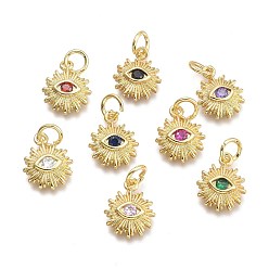 Mixed Color Brass Micro Pave Cubic Zirconia Pendants, with Jump Ring, Sun with Eye, Real 18K Gold Plated, Mixed Color, 12.5x10x2.7mm, Jump Rings: 5x0.8mm, Inner Diameter: 3mm