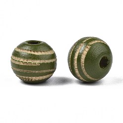 Dark Olive Green Painted Natural Wood Beads, Laser Engraved Pattern, Round with Zebra-Stripe, Dark Olive Green, 10x8.5mm, Hole: 2.5mm
