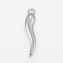 Stainless Steel Color 304 Stainless Steel Pendants, Horn of Plenty/Italian Horn Cornicello Charms, Stainless Steel Color, 19.5x5x2mm, Hole: 1.5mm