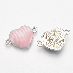 Perlas de Color Rosa Conectores de enlaces de esmalte de aleación, corazón, Platino, rosa perla, 13.5x20.5x3 mm, agujero: 1.5 mm