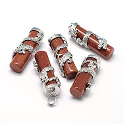 Goldstone Column with Dragon Platinum Plated Brass Synthetic Goldstone Pendants, Cadmium Free & Lead Free, 40~42x13mm, Hole: 5x8mm