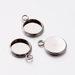 Stainless Steel Color Flat Round 304 Stainless Steel Charm Settings, Stainless Steel Color, Tray: 10mm, 15.5x12x2mm, Hole: 2.2mm