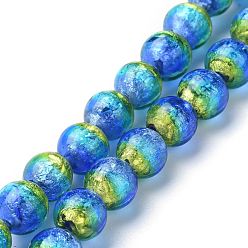 Bleu Perles lampwork de feuille d'argent manuelles, lumineux, brillent dans le noir, ronde, bleu, 10mm, Trou: 1.4mm