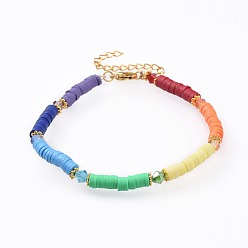 Colorful Handmade Polymer Clay Bracelets, with Glass Heishi Beads, Alloy Spacer Beads and 304 Stainless Steel Findings, Golden, Colorful, 7-3/8 inch(18.6cm), 4mm