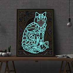 Cat Shape Kit de pintura de diamante luminoso diy, Incluye bolsa de pedrería de resina que brilla en la oscuridad., bolígrafo adhesivo de diamante, plato de bandeja y arcilla de cola, forma de gato, 400x300 mm