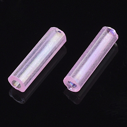 Pink Прозрачные цвета радуги стекло стеклярусом, AB цвет, розовые, 6x1.8 мм, отверстие : 0.6 мм