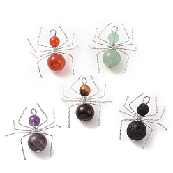 Platinum Natural Mixed Stone Pendants, with Copper Wire Wrapped Findings, Long-Lasting Plated, Spider Charms, Platinum, 27~30x28~32x10~10.5mm, Hole: 2.5mm