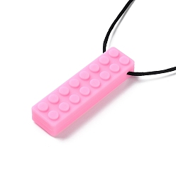 Pink Building Blocks Food Grade Silicone Pendant Molar Stick Nursing Necklaces, Chewing Beads For Teethers, Pink, 425~791x1.5mm, Pendants: 71.5x19.5x12.5mm