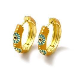 Chocolate Daisy Flower Enamel Hoop Earrings, Real 18K Gold Plated Brass Jewelry for Women, Lead Free & Cadmium Free, Chocolate, 19x4.5x19.5mm, Pin: 1mm