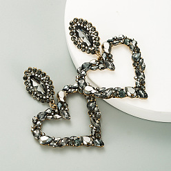 Chorro Aretes colgantes largos con corazón de diamantes de imitación, joyas de aleación para mujer, jet, 80x55 mm