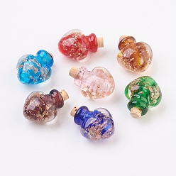 Mixed Color Handmade Luminous Lampwork  Perfume Bottle Pendants, Essential Oil Bottle, with Gold Sand, Heart, Mixed Color, 25~26.5mm, Hole: 5mm, Bottle Capacity: 0.5~1ml(0.017~0.03 fl. oz)
