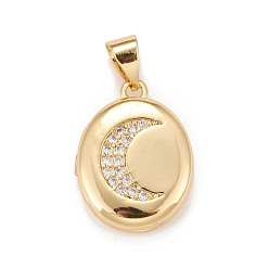 Clear Brass Micro Pave Cubic Zirconia Locket Pendants, Photo Frame Charms for Necklaces, Real 18K Gold Plated, Lead Free & Cadmium Free, Oval with Moon, Clear, 18.5x13.5x4.5mm, Hole: 4x3mm, Inner Diameter: 12x9mm