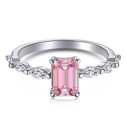 Бледно-Розовый Родиевое покрытие 925 кольца на палец из стерлингового серебра, кольцо с камнем, с 5прямоугольником из циркония для женщин, Реальная платина, розовый жемчуг, 1.7 мм, размер США 7 (17.3 мм)