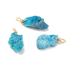 Dark Turquoise Natural Crystal Agate Pendants, with Golden Tone Copper Findings, Druzy, Dyed, Nuggets, Dark Turquoise, 13~32x7~17x6~13mm, Hole: 3mm
