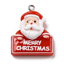 Santa Claus Opaque Resin Pendants, Christmas Charms with Platinum Plated Iron Loops, Santa Claus, 28x23x10mm, Hole: 2mm