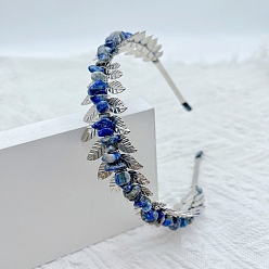 Lapis Lazuli Bandes de cheveux en lapis-lazuli naturel, accessoires de cheveux pour mariée, avec cerceau à cheveux en forme de feuille de métal, 150x125x35mm