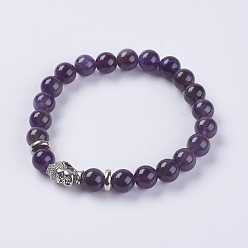 Améthyste Perles naturelles améthyste Bracelet extensible, de trouver des alliés, la tête de Bouddha, 2-1/8 pouces (55 mm)