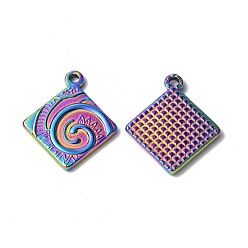 Rainbow Color Ion Plating(IP) 304 Stainless Steel Pendants, Rhombus with Vortex Charm, Rainbow Color, 24.5x21x2.5mm, Hole: 1.8mm
