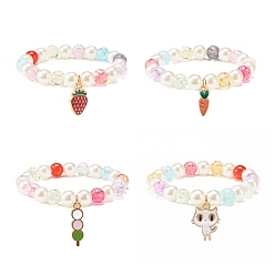 Mixed Color Candy Color Round Beaded Stretch Bracelet with Enamel Charm for Kid, Mixed Color, Inner Diameter: 1-5/8 inch(4.25cm)