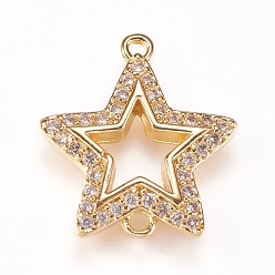 Golden Brass Micro Pave Cubic Zirconia Links, Star, Clear, Golden, 16x15x2mm, Hole: 1mm