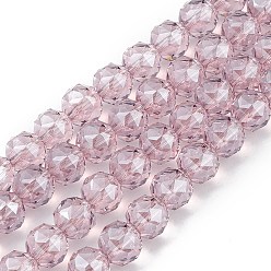 Pearl Pink Transparent Electroplate Glass Beads Strands, Faceted, Round, Pearl Luster Plated, Pearl Pink, 9~10x9~9.5mm, Hole: 1.4mm, about 54~60pcs/strand, 18.90~21.65 inch(48~55cm)