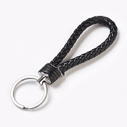 Black Braided PU Leather Keychain, with Platinum Plated Iron Findings, Black, 130mm