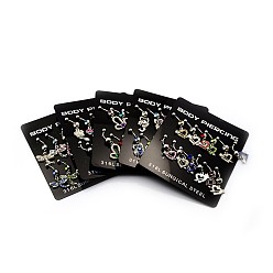 Mixed Color Mixed 316L Surgical Stainless Steel Dangle Belly Button Rings, with Alloy Rhinestone Charms, Mixed Color, 25x8~10mm, Bar Length: 7/16"(11mm), Pin: 15 Gauge(1.5mm), about 12pcs/board