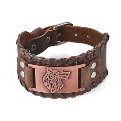 Red Copper Full Grain Leather Cord Bracelets, with Alloy Link and Watch Band Clasps, Rectangle with Wolf Head, Red Copper, 10-3/4 inch(27.3cm), 39x8mm