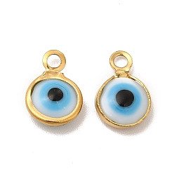 White Ion Plating(IP) 304 Stainless Steel with Glass Enamel Charms, Real 18K Gold Plated, Flat Round with Evil Eye Pattern, White, 9.5x6.5x2.5mm, Hole: 1.6mm