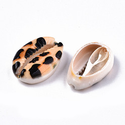 Pêche Perles de coquillage cauri naturel imprimées, pas de trous / non percés, avec motif imprimé léopard, peachpuff, 18~22x13~14x6~8mm