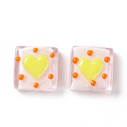 Misty Rose Handmade Lampwork Beads, Square with Heart Pattern, Misty Rose, 16x15x6mm, Hole: 1.8mm
