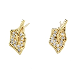 Real 18K Gold Plated Clear Cubic Zirconia Maple Leaf Stud Earrings, Brass Jewelry for Women, Nickel Free, Real 18K Gold Plated, 12x5.5mm, Pin: 0.6mm