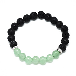 Green Aventurine Natural Green Aventurine Beads Stretch Bracelets, with Synthetic Lava Rock Beads and Alloy Beads, Round, Inner Diameter: 2-1/8 inch(5.5cm), Beads: 8.5mm