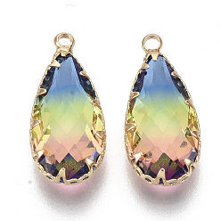 Coloré K 9 pendentifs en tourmaline imitation verre, avec les accessoires en laiton de tonalité d'or, facette, larme, colorées, 24x10.5x6mm, Trou: 1.5~2mm