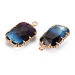 Midnight Blue Gradient Color Glass Pendants, with Brass Prong Settings, Faceted, Rectangle, Light Gold, Midnight Blue, 24x14x6mm, Hole: 1.6mm