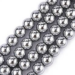 Plaqué Gris Non-magnétiques perles d'hématite synthétique brins, Grade a, ronde, platinée, 8mm, trou: 1mm, environ 50~52 pcs/chapelet