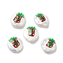 Box Perlas keshi naturales de estilo barroco, cuentas temáticas navideñas con esmalte, plano y redondo, color de concha, caja, 17~20x15~17x4~7 mm, agujero: 0.7 mm