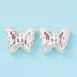 Cerise Eco-friendly Brass Cubic Zirconia Multi-Strand Links, Cadmium Free & Lead Free, Butterfly, Silver Color Plated, Cerise, 11x14x5.6mm, Hole: 1.2mm