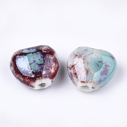 Colorful Handmade Porcelain Beads, Fancy Antique Glazed Porcelain, Heart, Colorful, 14~15x16x9~10mm, Hole: 2mm
