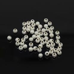 Argent Perles en laiton texturées, couleur argent plaqué, ronde, 4mm, Trou: 1mm