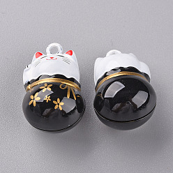 Noir Cuisson pendentifs de cloche en laiton peint, Maneki neko / chat faisant signe, noir, 26.5x17x16mm, Trou: 2mm