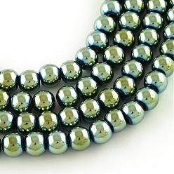 Green Plated Electroplate Transparent Glass Beads Strands, Round, Green Plated, 7.5x8.5mm, Hole: 1mm, about 104pcs/strand, 30.3 inch