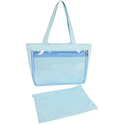 Light Cyan Canvas Shoulder Bags, Rectangle Women Handbags, with Zipper Lock & Clear PVC Windows, Light Cyan, 31x37x8cm