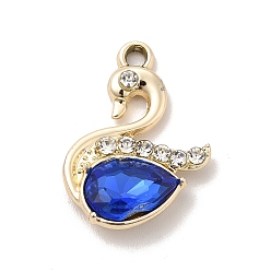 Blue UV Plating Alloy Pendants, with Crystal Rhinestone and Glass, Golden, Swan Charms, Blue, 21.5x15x4.5mm, Hole: 2mm